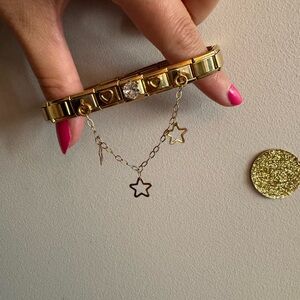 Gold-Tone Italian Charm Bracelet with Gem, Hearts & Dangling Star Chain